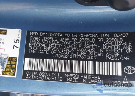 2007 Toyota Prius from USA, damaged, VIN JTDKB20U377673822